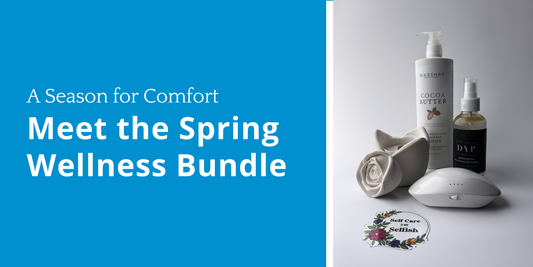 Spring Wellness Bundle featuring Menopod, Marshay Cocoa Butter Lotion, DYP Grounding Magnesium Mist, Studio Akiyo Candle, and Rebel & Siren Self-Care Sticker, displayed with the title "A Season for Comfort – Meet the Spring Wellness Bundle